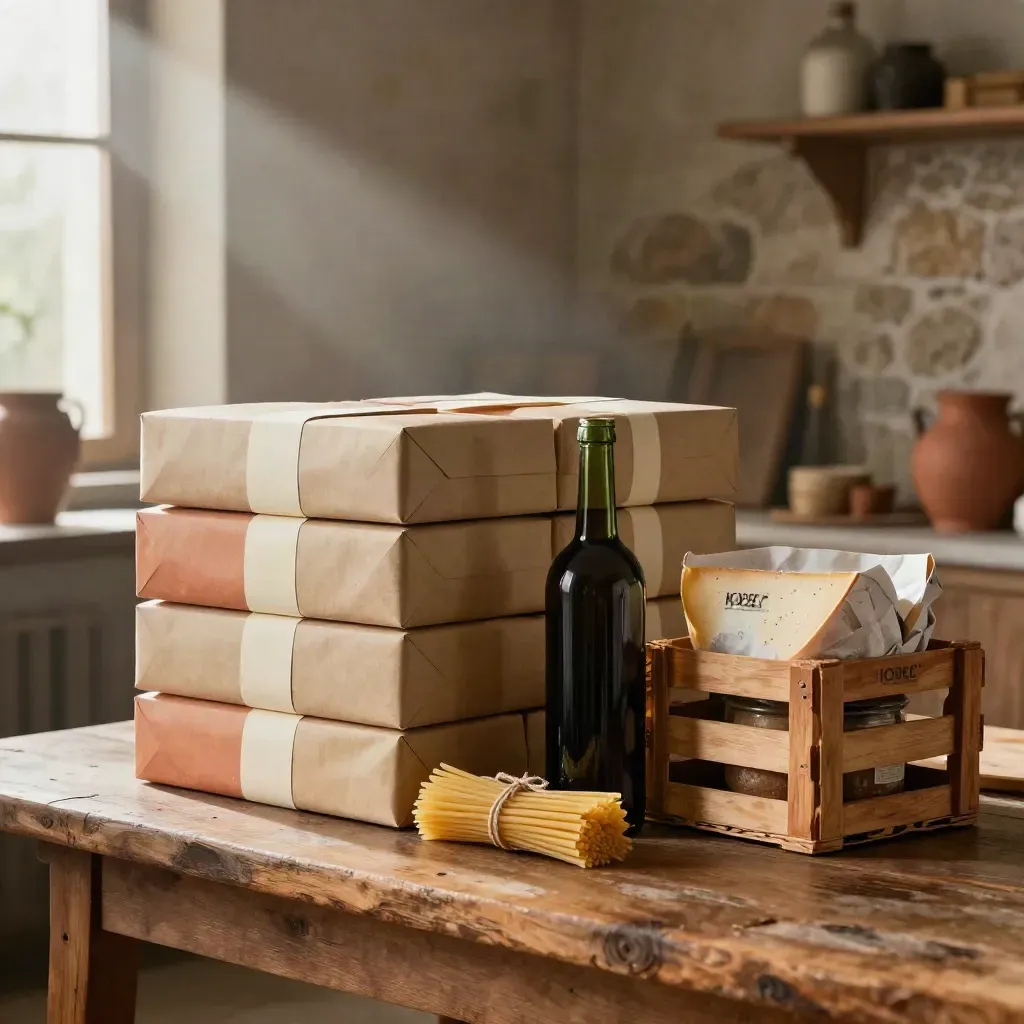 Cassa mista HORECA con bottiglia scura, pasta, formaggio e cartoni in una sala di confezionamento rustica.
