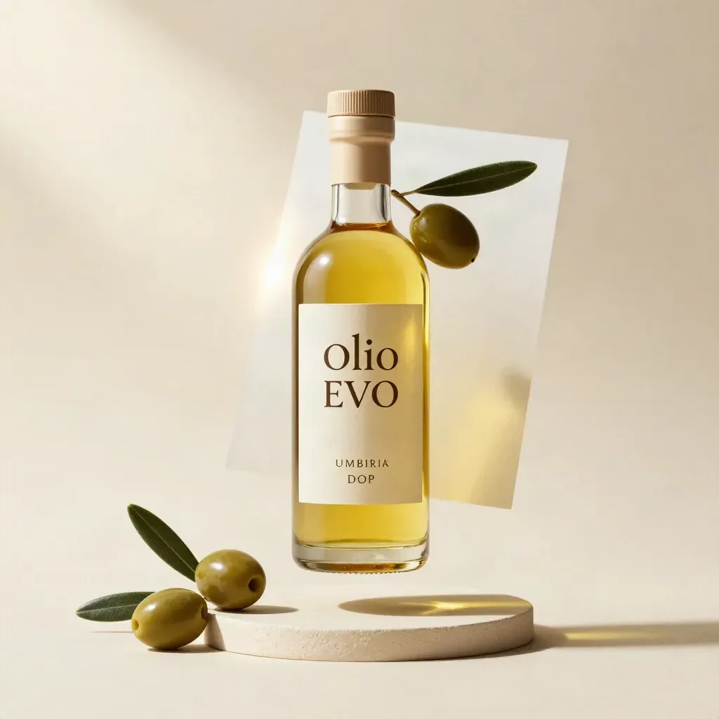 Bottiglia di olio EVO umbro su sfondo crema con olive e foglia d’ulivo.
