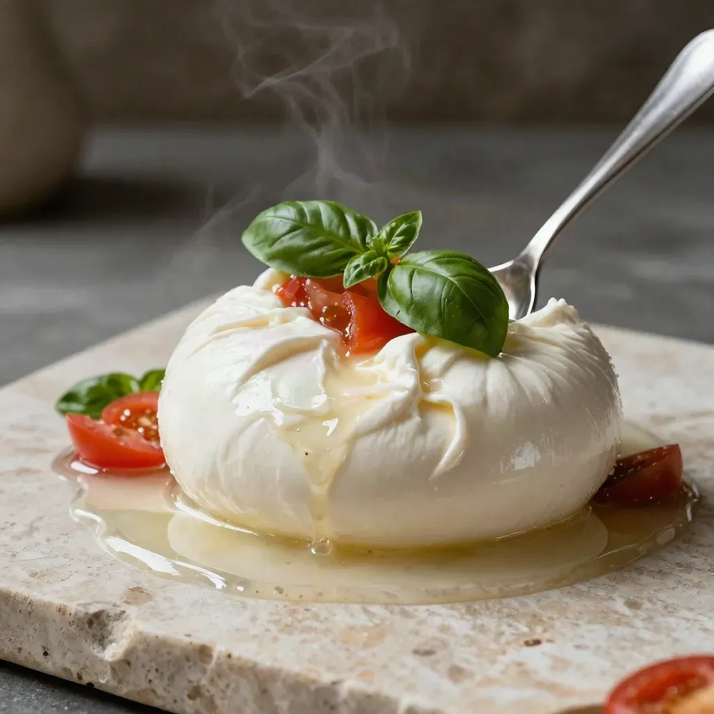 Burrata in siero con pomodori, basilico e cucchiaio su pietra chiara, luce drammatica.