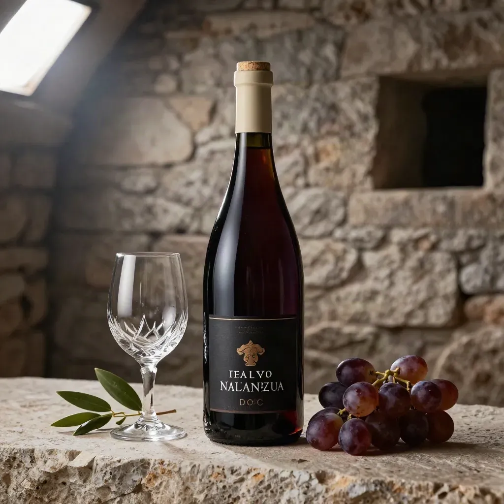Bottiglia di vino rosso con calice e foglia d’uva in una cantina di pietra.