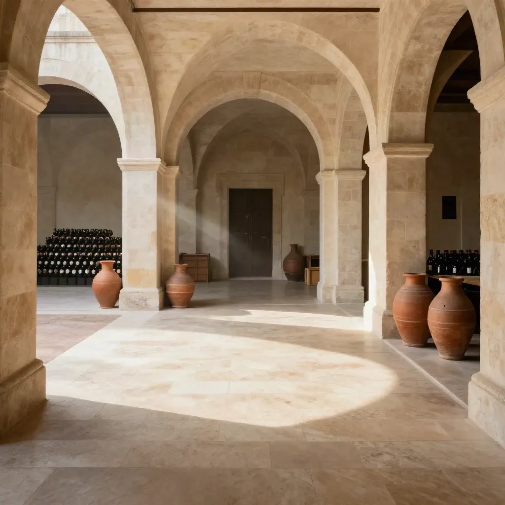 Arco di cantina inondata di luce, bottiglie accatastate e pavimento in pietra con spazio per il testo.