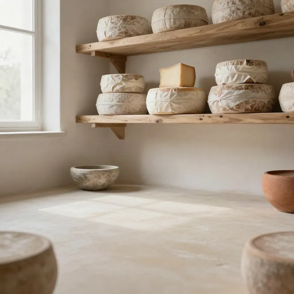 Interno di caseificio luminoso con forme di formaggio avvolte e ripiani in legno chiaro
